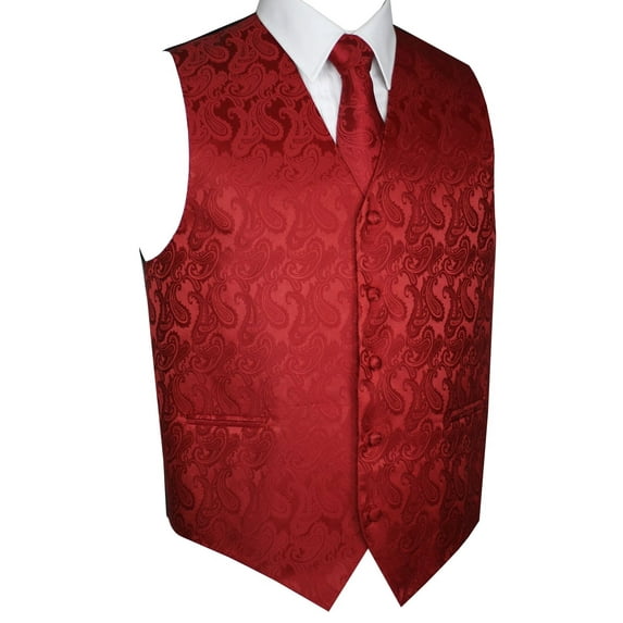 BEST TUXEDO Men's Formal, Prom, Wedding, Homecoming, Tuxedo Vest, Tie & Hankie Set in Red Paisley - XL