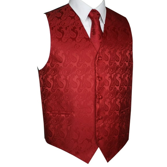 BEST TUXEDO Men's Formal, Prom, Wedding, Homecoming, Tuxedo Vest, Tie & Hankie Set in Red Paisley - 2XL