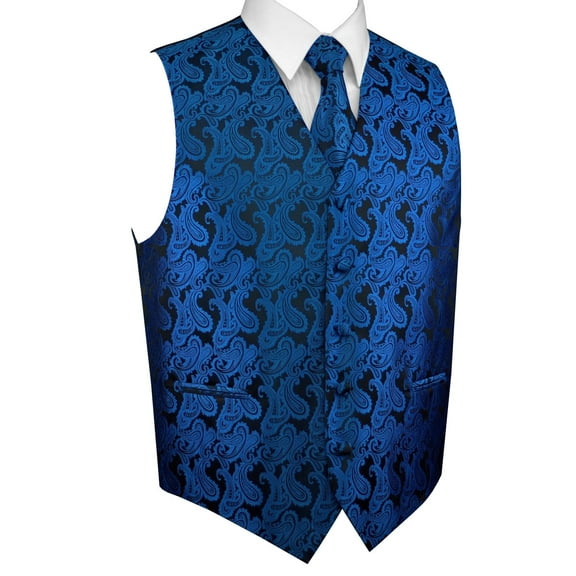 BEST TUXEDO Men's Formal, Prom, Wedding, Homecoming, Tuxedo Vest, Tie & Hankie Set in Royal Blue Paisley - L