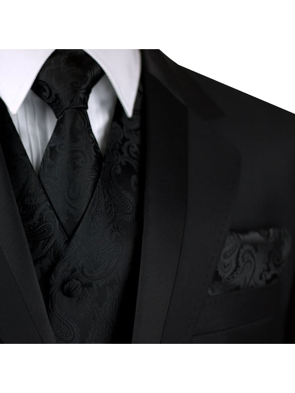 Men's Black Paisley Formal Vest, Tie, and Hankie Set