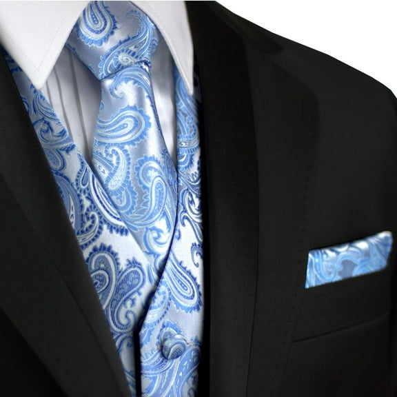 "BEST TUXEDO" Men's Formal, Wedding, Prom, Homecoming, Tuxedo Vest, Tie & Hankie Set in Cornflower Paisley