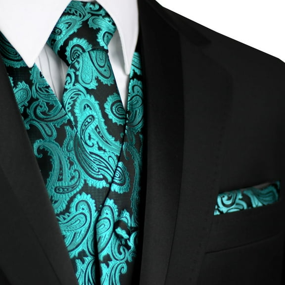 "BEST TUXEDO" Men's Formal, Wedding, Prom, Homecoming, Tuxedo Vest, Tie & Hankie Set in Jade Paisley