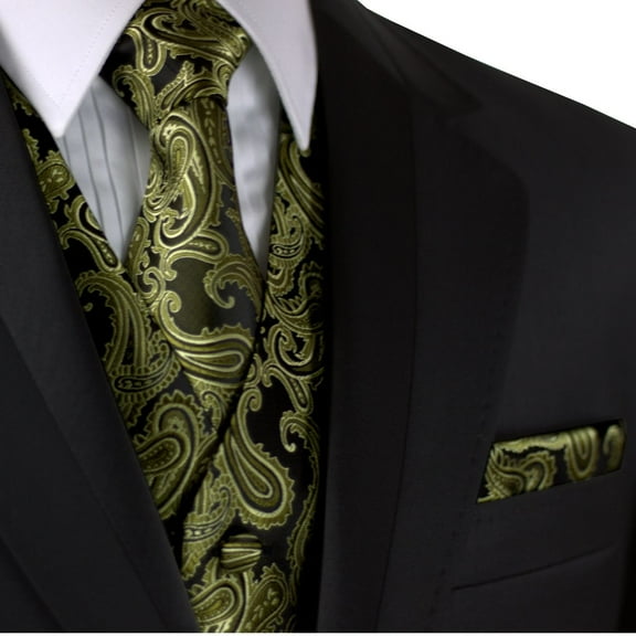 "BEST TUXEDO" Men's Formal, Wedding, Prom, Homecoming, Tuxedo Vest, Tie & Hankie Set in Olive Paisley