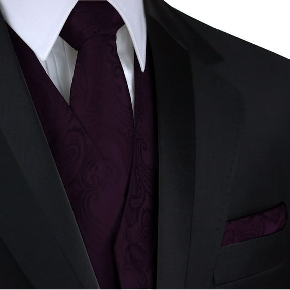 "BEST TUXEDO" Men's Formal, Wedding, Prom, Homecoming, Tuxedo Vest, Tie & Hankie Set in Plum Paisley