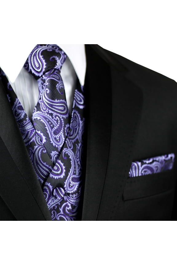 "BEST TUXEDO" Men's Formal, Wedding, Prom, Homecoming, Tuxedo Vest, Tie & Hankie Set in Purple Paisley