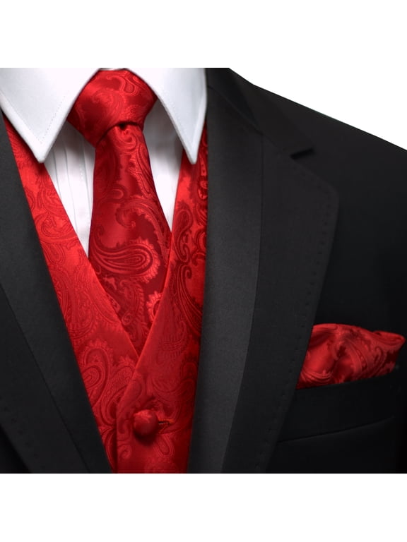 Men's Red Paisley Formal Vest, Tie, and Hankie Set