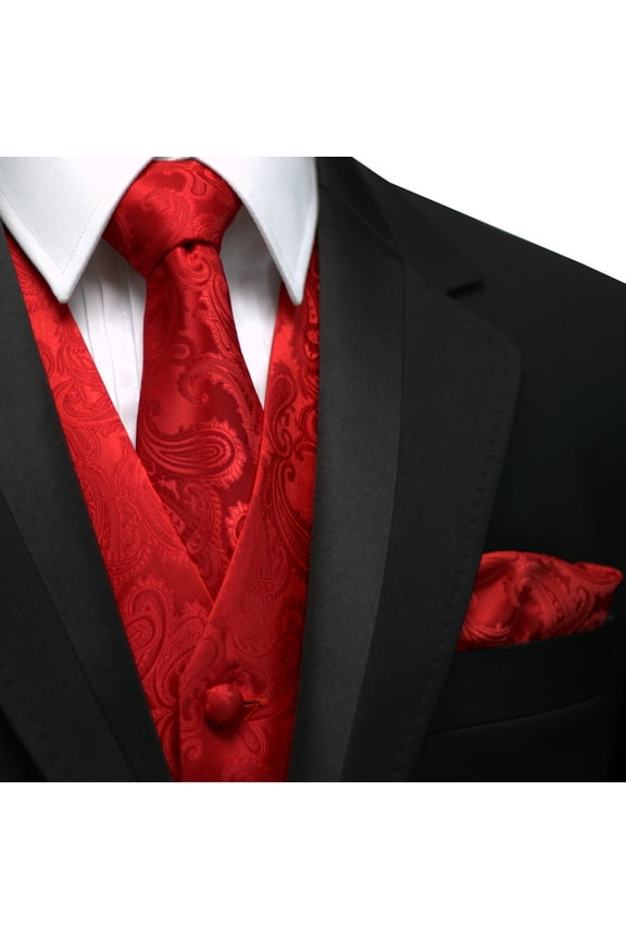 Men's Red Paisley Formal Vest, Tie, and Hankie Set