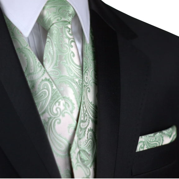 "BEST TUXEDO" Men's Formal, Wedding, Prom, Homecoming, Tuxedo Vest, Tie & Hankie Set in Sage Paisley