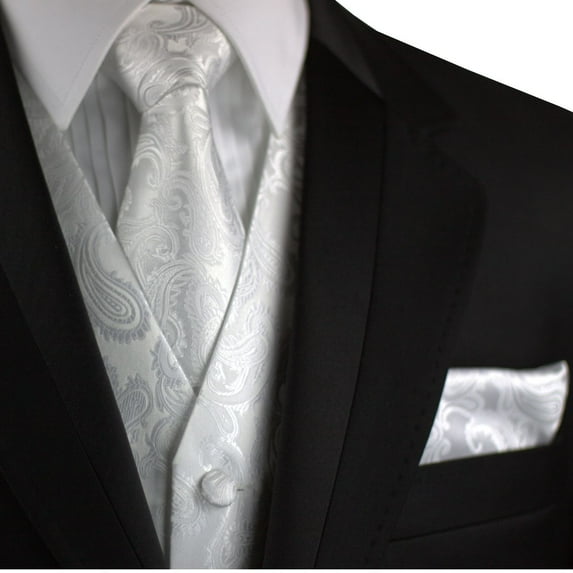 "BEST TUXEDO" Men's Formal, Wedding, Prom, Homecoming, Tuxedo Vest, Tie & Hankie Set in White Paisley