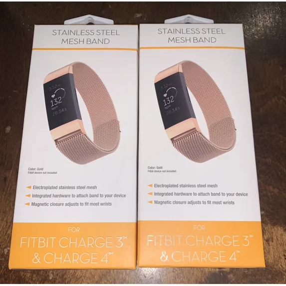 BEST- Withit 2 Rose Gold Stainless Steel Mesh Band For Fitbit Charge 3 & Charge 4