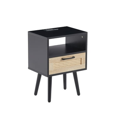 BESTCOSTY 15.75"W Modern Rattan Nightstand with Power Outlet and USB Ports Black
