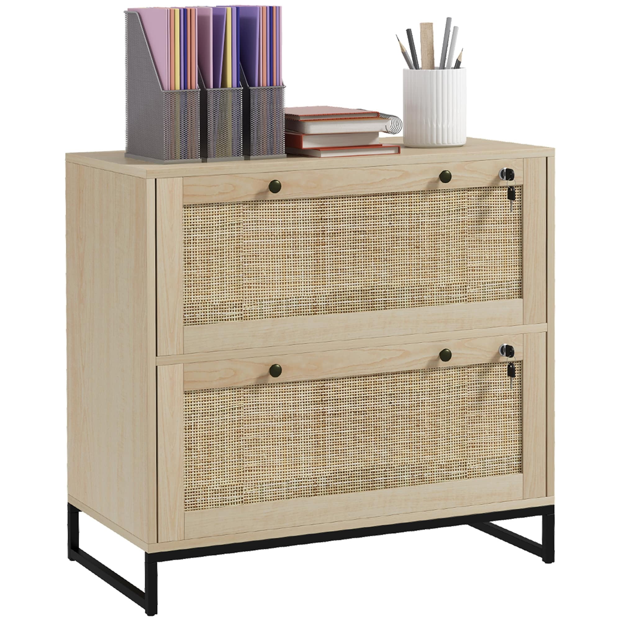 Light Brown Rattan 2-Drawer Lockable File Cabinet