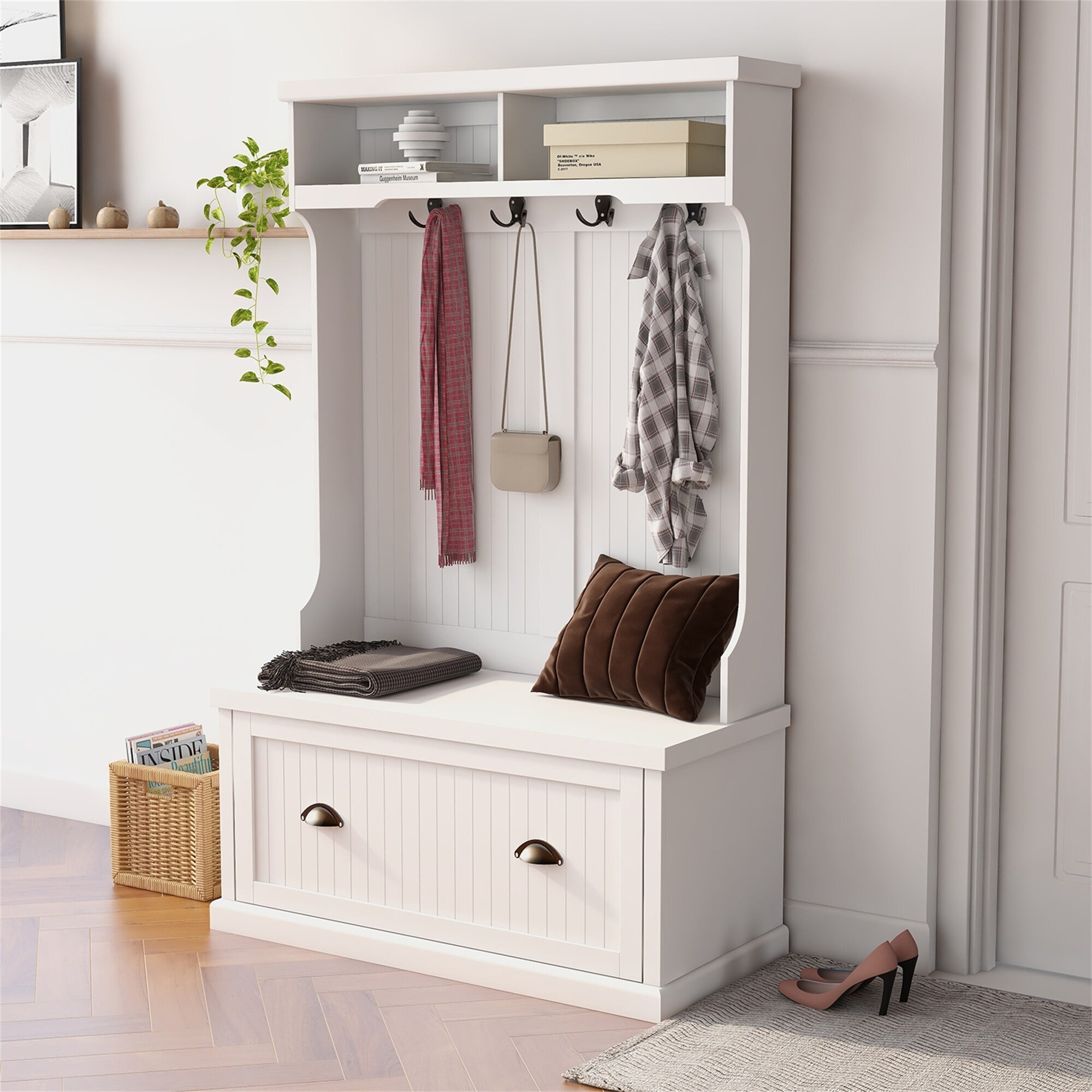 White MDF Hall Tree with Storage Bench and Coat Rack
