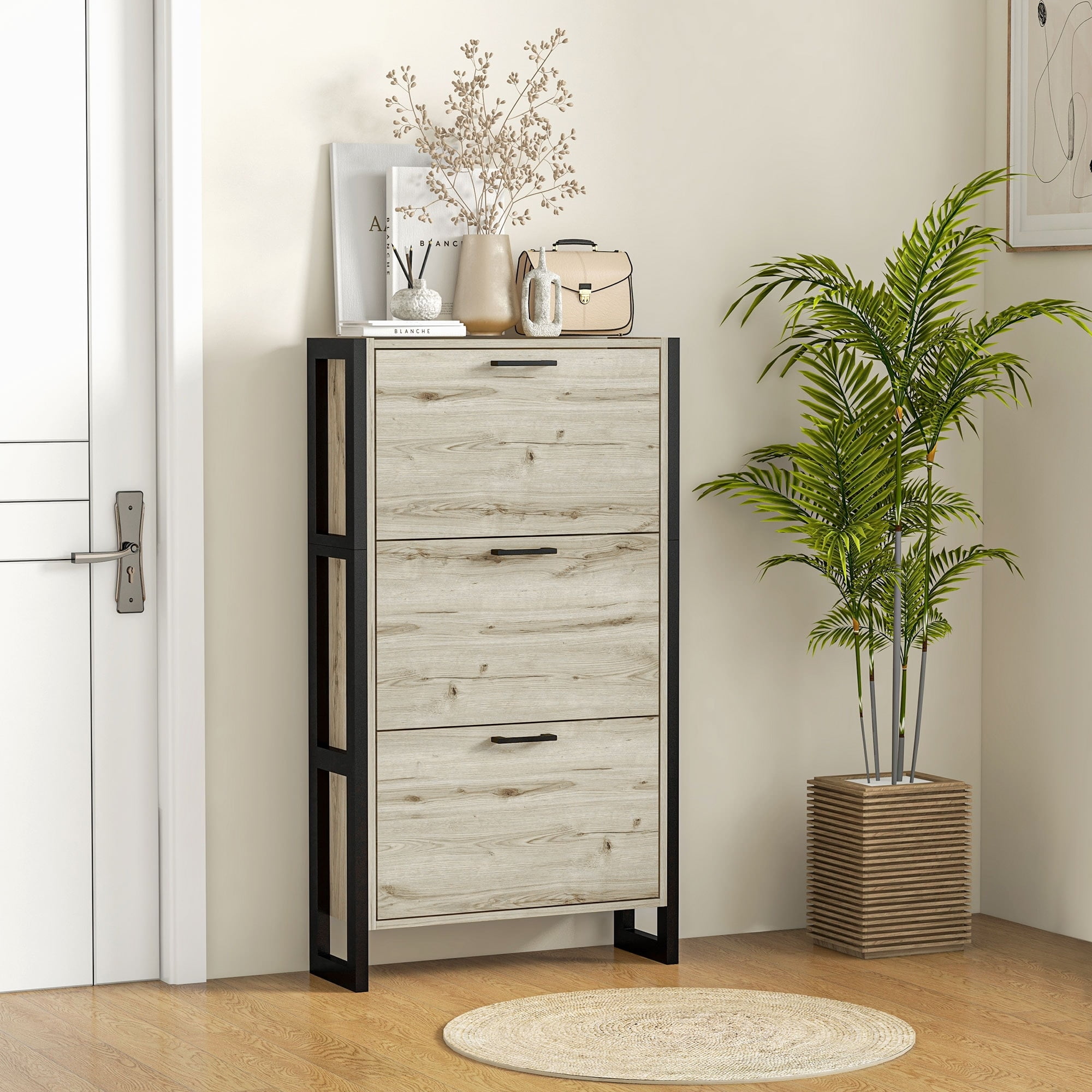 Industrial Black and Light Brown Freestanding Shoe Cabinet with 3 Flip Drawers