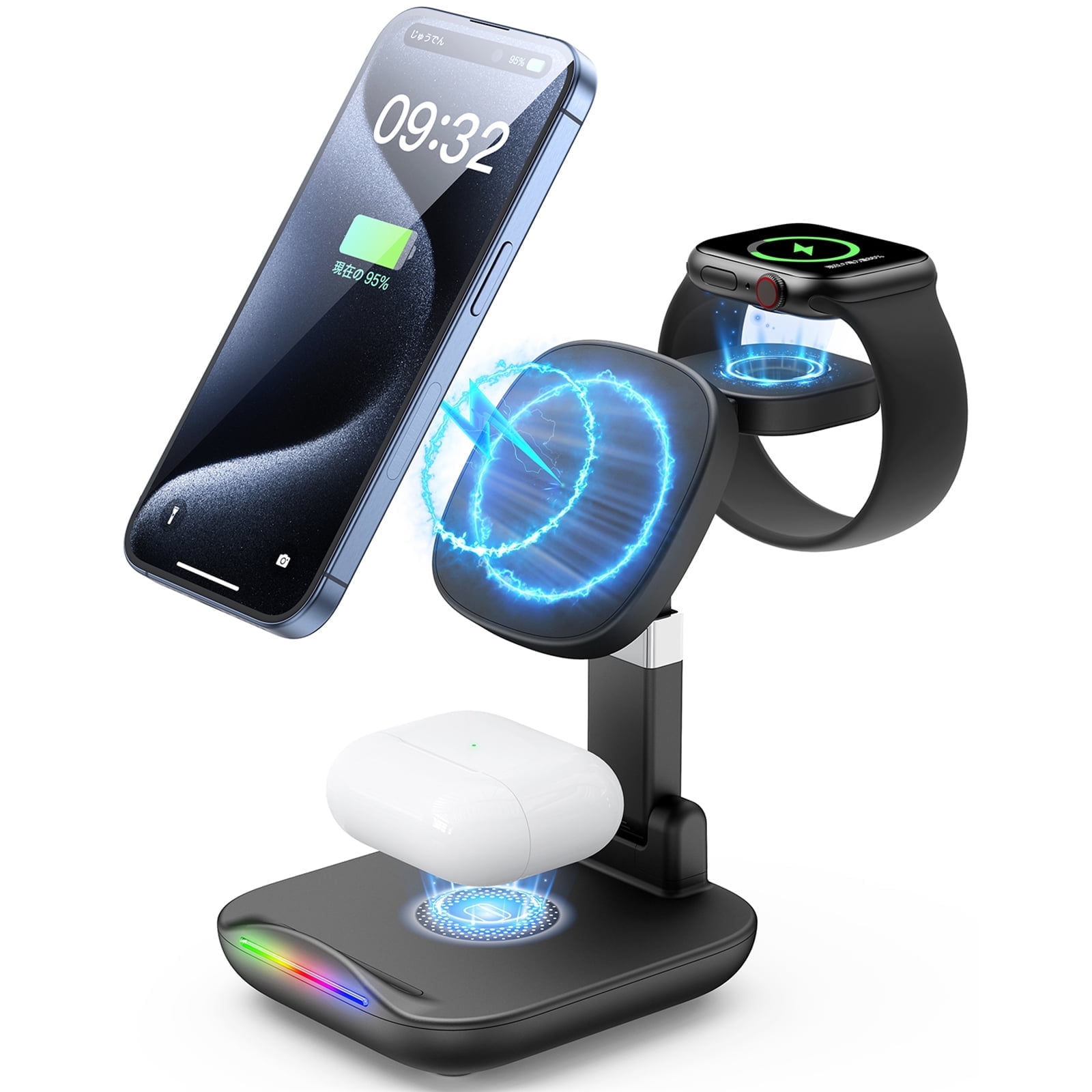 delpattern 3 in 1 Charging Station for iPhone, Magnetic Wireless Charger for iPhone 14 13 12 11/Pro/XS/XR,AirPods 3/2/Pro, Charger Dock Station for iWatch 7/6/5/4/3/2, Black