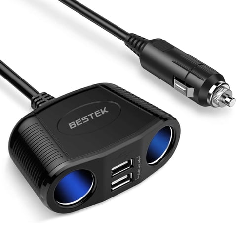 BESTEK 150W 2-Socket Car Cigarette Lighter Splitter Power Adapter DC Outlet Car Charger Dual 2.4A USB with 26 Inches Cord for Cellphone GPS Dash Cam