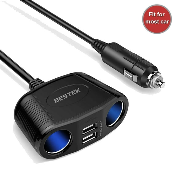 BESTEK 150W 2-Socket Car Cigarette Lighter Splitter Power Adapter DC Outlet Car Charger Dual 2.4A USB with 26 Inches Cord for Cellphone GPS Dash Cam
