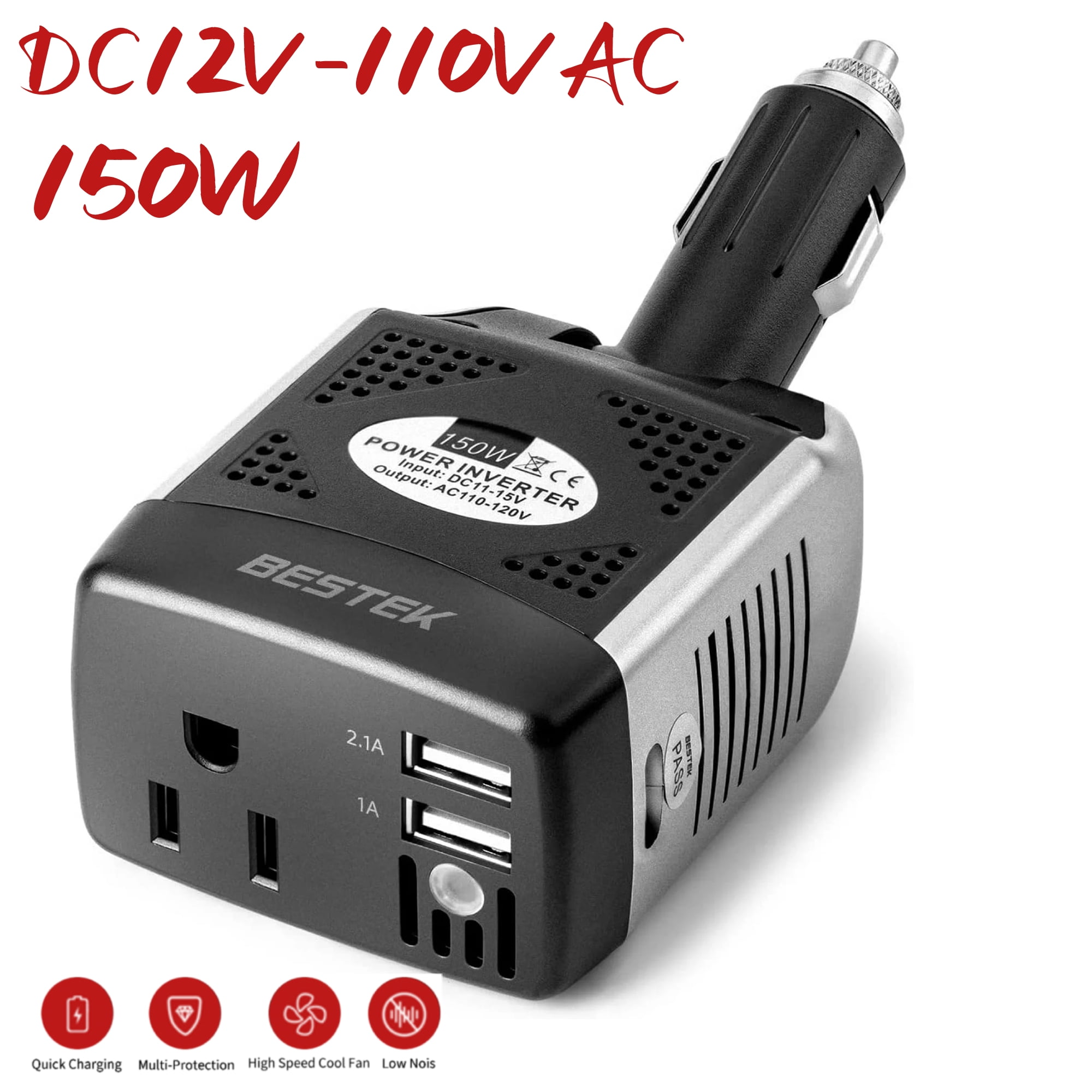 BESTEK 150W Power Inverter 12V to 110V Voltage Converter Car Charger Power Adapter with 2 USB Charging Ports (3.1A Shared),Gray