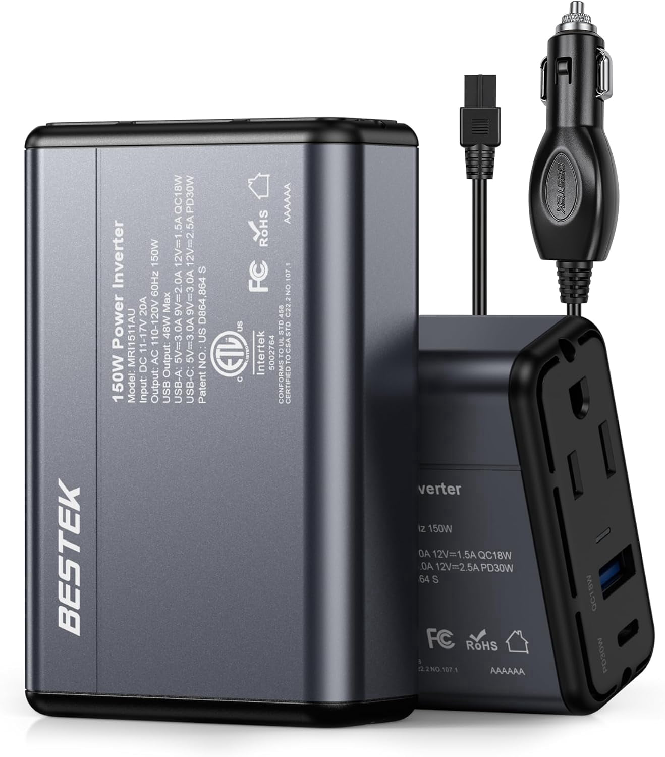 BESTEK 150W Power Inverter, DC 12V to 110V AC Car Converter Adapter with 4.2A Dual USB Charger, Thinner Design with ETL Listed,Gray