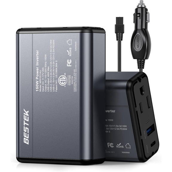 BESTEK 150W Power Inverter, DC 12V to 110V AC Car Converter Adapter with 4.2A Dual USB Charger, Thinner Design with ETL Listed,Gray