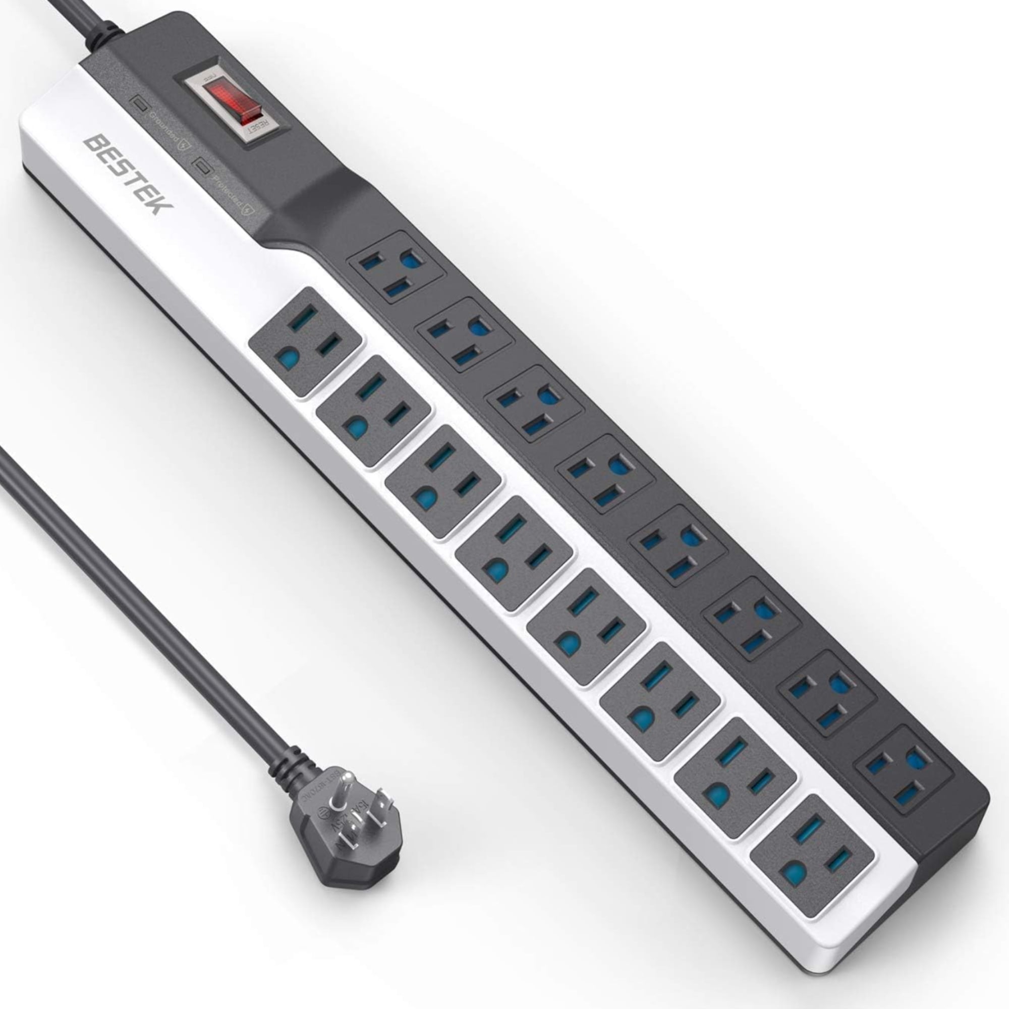 BESTEK 16 Outlet Power Strip Surge Protector with 6Ft Long Extension Cord, 500J, Wall Mount, Wide Spacing Multi Plugs Adapter for 16 AC Outlets, Black