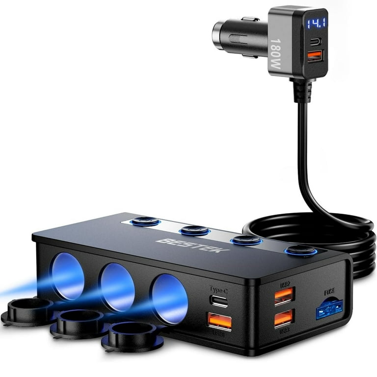 BESTEK 3-Socket 6-USB Car Charger Adapter, 12V/24V Auto DC Power Splitter  with On/Off Switches