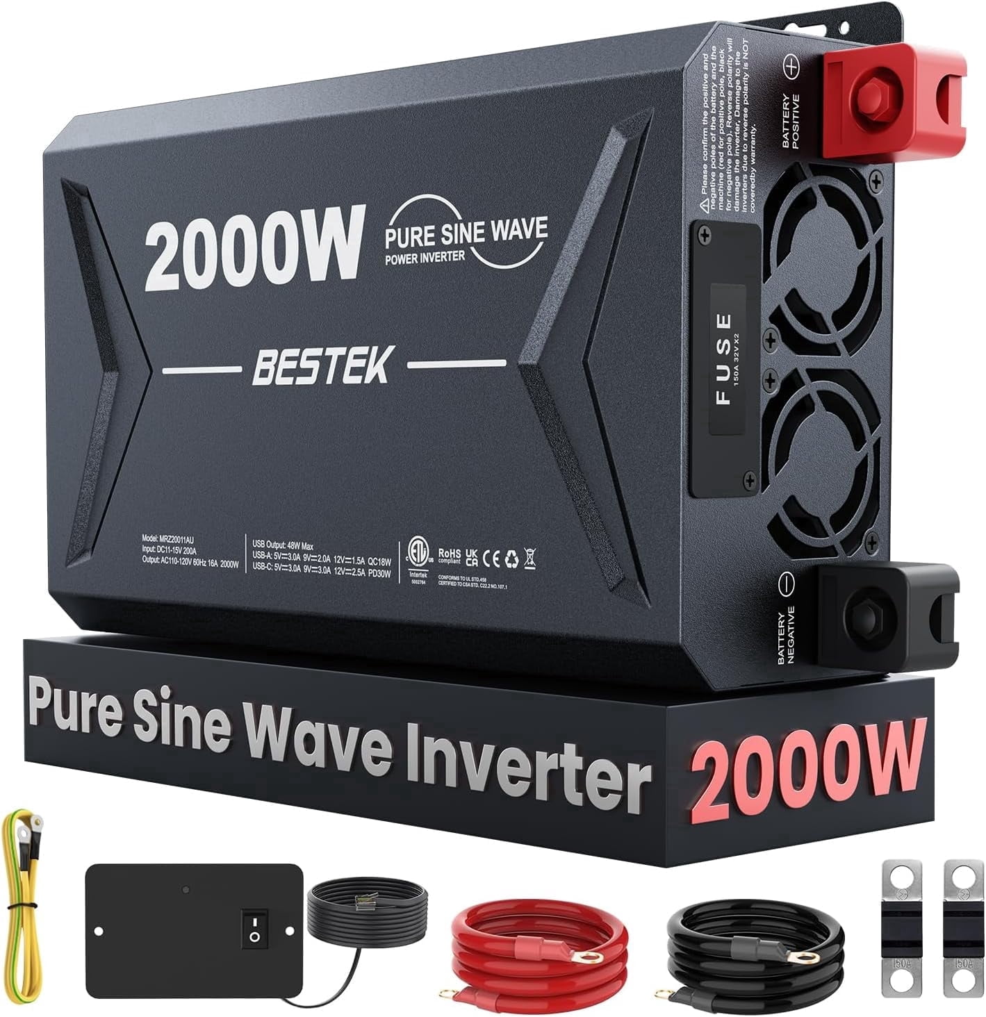 BESTEK 2000W Pure Sine Wave Power Inverter, 12V DC to 110V/120V AC, 3 AC Outlets, USB-C PD 3.0 Fast Charge, QC 18W, Remote Controller, LED Display for RV, Truck, Boat, Solar