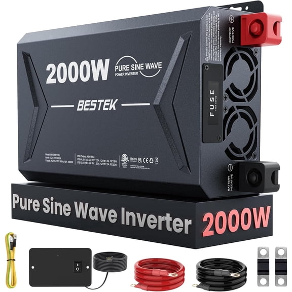 BESTEK 2000W Pure Sine Wave Power Inverter, 12V DC to 110V/120V AC, 3 AC Outlets, USB-C PD 3.0 Fast Charge, QC 18W, Remote Controller, LED Display for RV, Truck, Boat, Solar