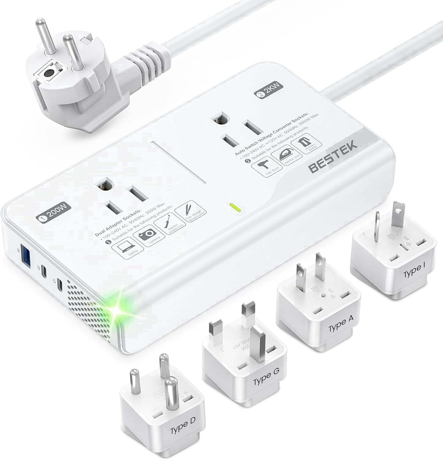 BESTEK 2000W Universal Travel Adapter, 220V to 110V Voltage Converter US to Europe with 2 USB C Ports  & 1 USB-A Port for EU/UK/AU/US/India Plug Power Adaptor, Step Down Transformer Outlet