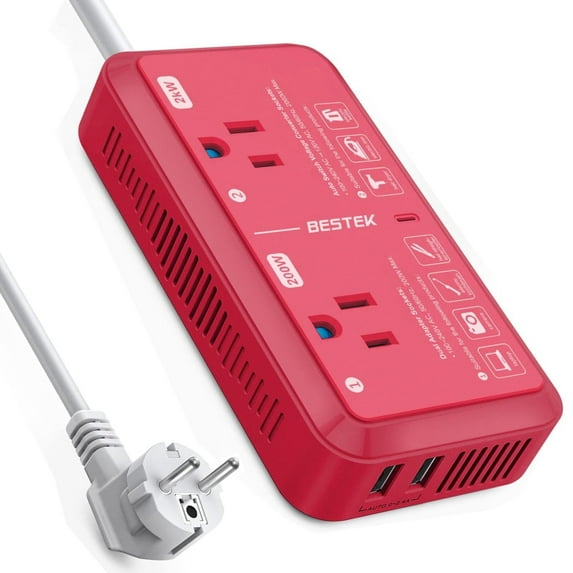 BESTEK 2000W Travel Voltage Converter, All-in-one Power Converter, Power Step Down 240V to 120V Travel Converter with 2.4A 2-Port USB Charging for Hair Dryer/Curling Iron/Phone, Red