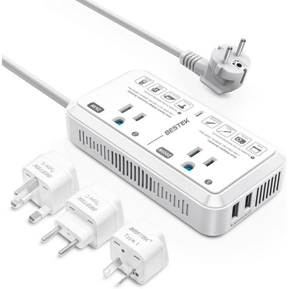 BESTEK 2000W Universal Travel Adapter with 3 EU/UK/AUS Plug Adapter, 220V to 110V Voltage Converter, US to Europe Travel Voltage Converter for Hair Dryer/Curling Iron ,White