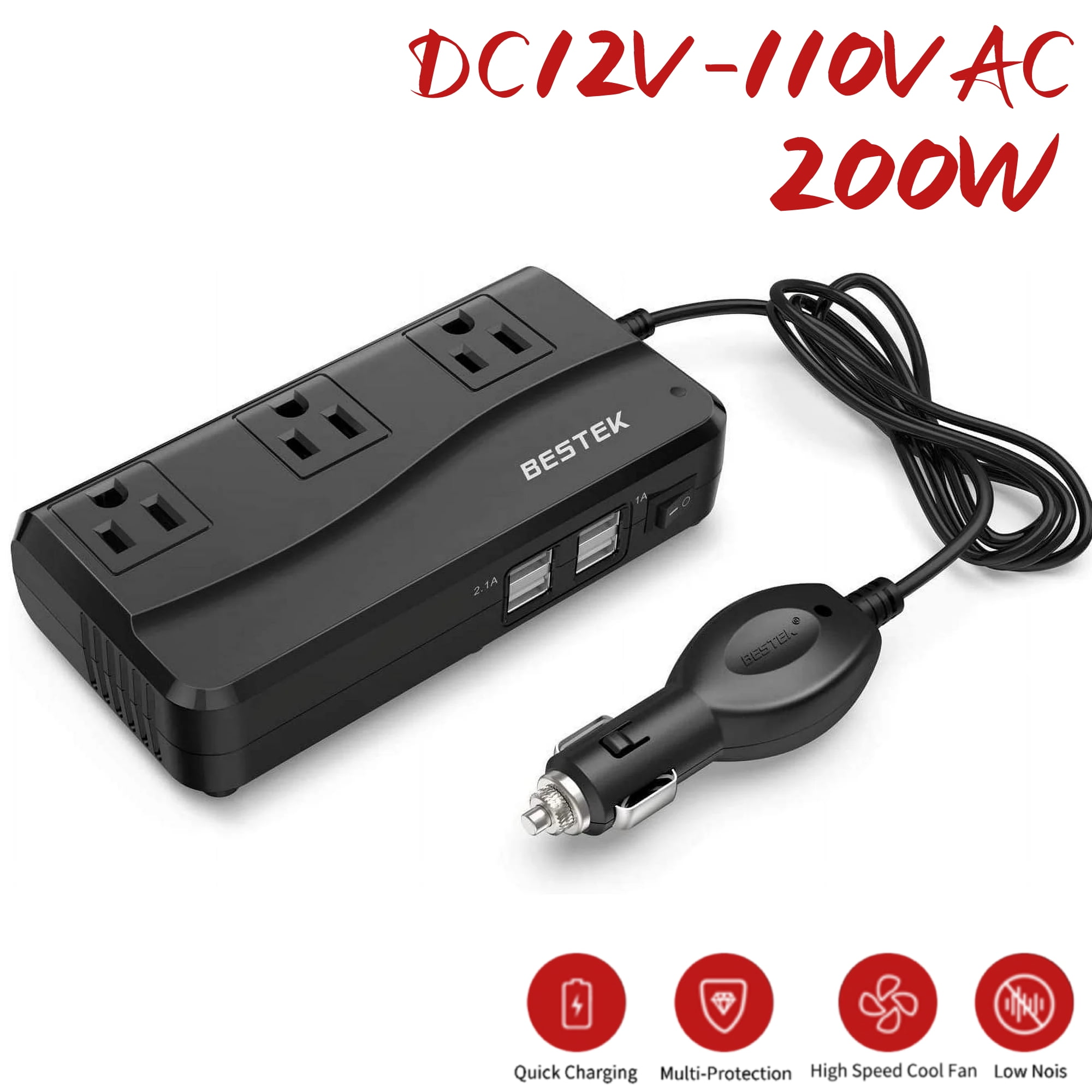 BESTEK 200W Power Inverter, DC 12V to 110V AC Car Converter Adapter with 4.2A Dual USB Charger with ETL Listed, Black