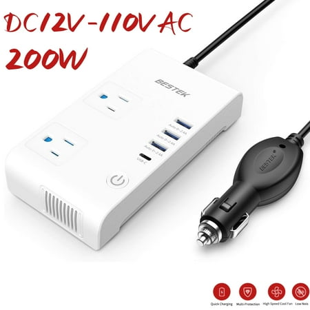 BESTEK 200W Power Inverter DC 12V to 110V AC Inverter with 4.2A 4-Port USB Car Adapter, White