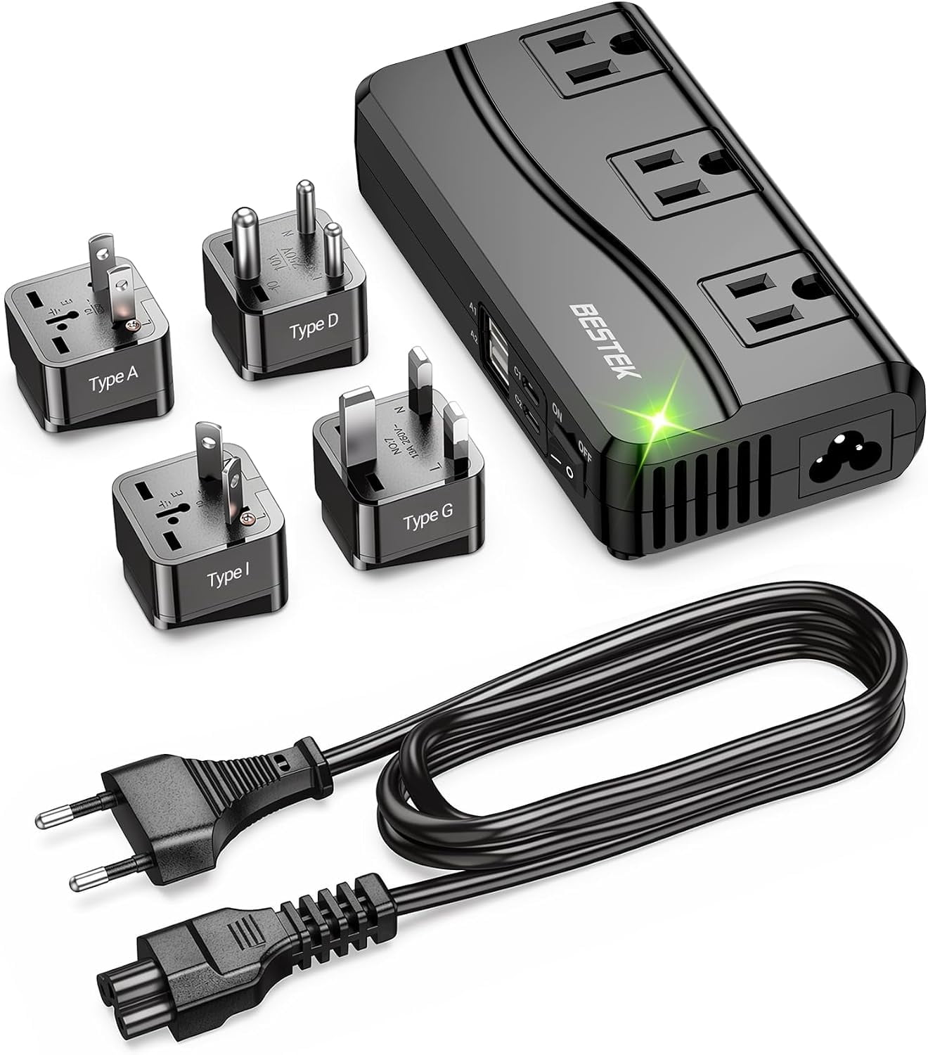 BESTEK 250W Universal Travel Adapter 100-220V to 110V Voltage Converter with 6A 4-Port USB Charging 3 AC Sockets and EU/UK/AU/US/India Plug Adapter (Black)