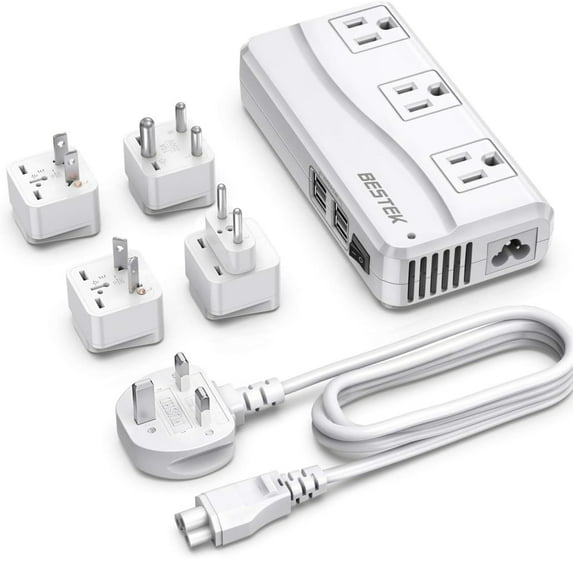BESTEK 250W Universal Travel Adapter 100-220V to 110V Voltage Converter with 6A 4-Port USB Charging 3 AC Sockets and EU/UK/AU/US/India Plug Adapter (White)