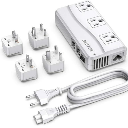 BESTEK 250W Universal Travel Adapter 100-220V to 110V Voltage Converter with 6A 4-Port USB Charging 3 AC Sockets and EU/UK/AU/US/India Plug Adapter (White)