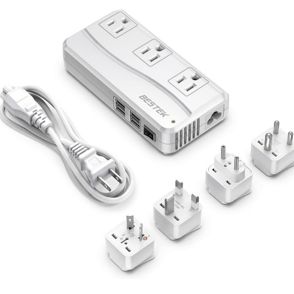 BESTEK 250W Universal Travel Adapter 100-220V to 110V Voltage Converter with 6A 4-Port USB Charging 3 AC Sockets and EU/UK/AU/US/India Plug Adapter (White)