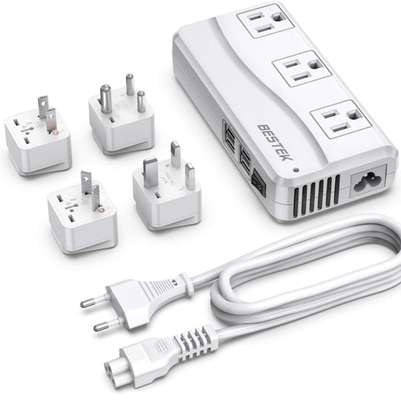 BESTEK 250W Universal Travel Adapter 100-220V to 110V Voltage Converter with 6A 4-Port USB Charging 3 AC Sockets and EU/UK/AU/US/India Plug Adapter (White)
