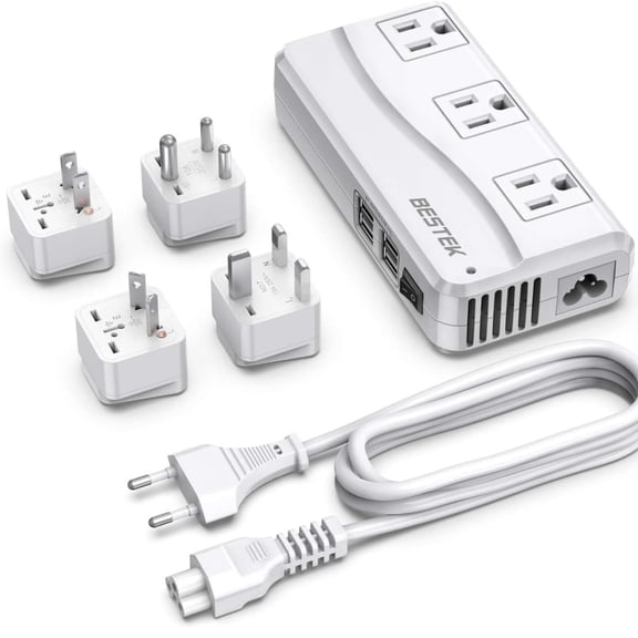 BESTEK 250W Universal Travel Adapter 100-220V to 110V Voltage Converter with 6A 4-Port USB Charging 3 AC Sockets and EU/UK/AU/US/India Plug Adapter (White)