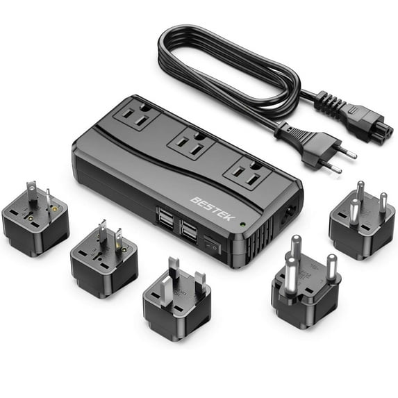 BESTEK 250W Universal Travel Adapter, 220V to 110V Travel Voltage Converter with 4-Port USB and US/AU/EU/UK//India/South Africa Worldwide Plug Adapter(Black)