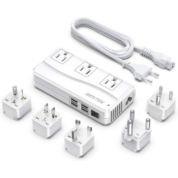BESTEK 250W Universal Travel Adapter, 220V to 110V Travel Voltage Converter with 4-Port USB and US/AU/EU/UK//India/South Africa Worldwide Plug Adapter(White)