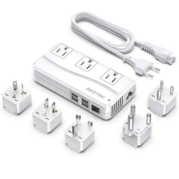 BESTEK 250W Universal Travel Adapter, 220V to 110V Travel Voltage Converter with 4-Port USB and US/AU/EU/UK//India/South Africa Worldwide Plug Adapter(White)