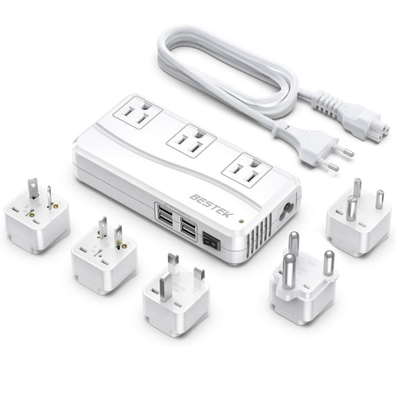 BESTEK 250W Universal Travel Adapter, 220V to 110V Travel Voltage Converter with 4-Port USB and US/AU/EU/UK//India/South Africa Worldwide Plug Adapter(White)