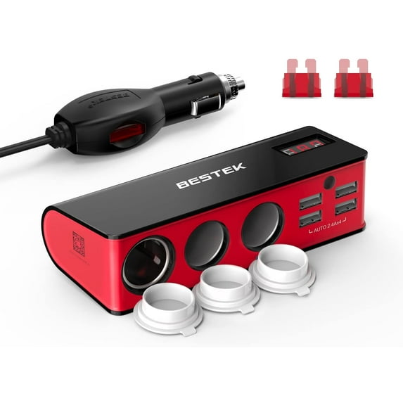 BESTEK 3-Socket 200W 12V/24V DC Cigarette Lighter Power Adapter with 6A 4-Port Car USB Splitter Charger