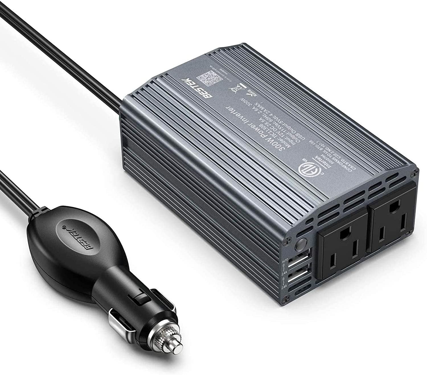 BESTEK 300W 4.2A Dual USB Power Inverter for Car DC 12V to 110V AC Car power Inverter Car Adapter,Gray