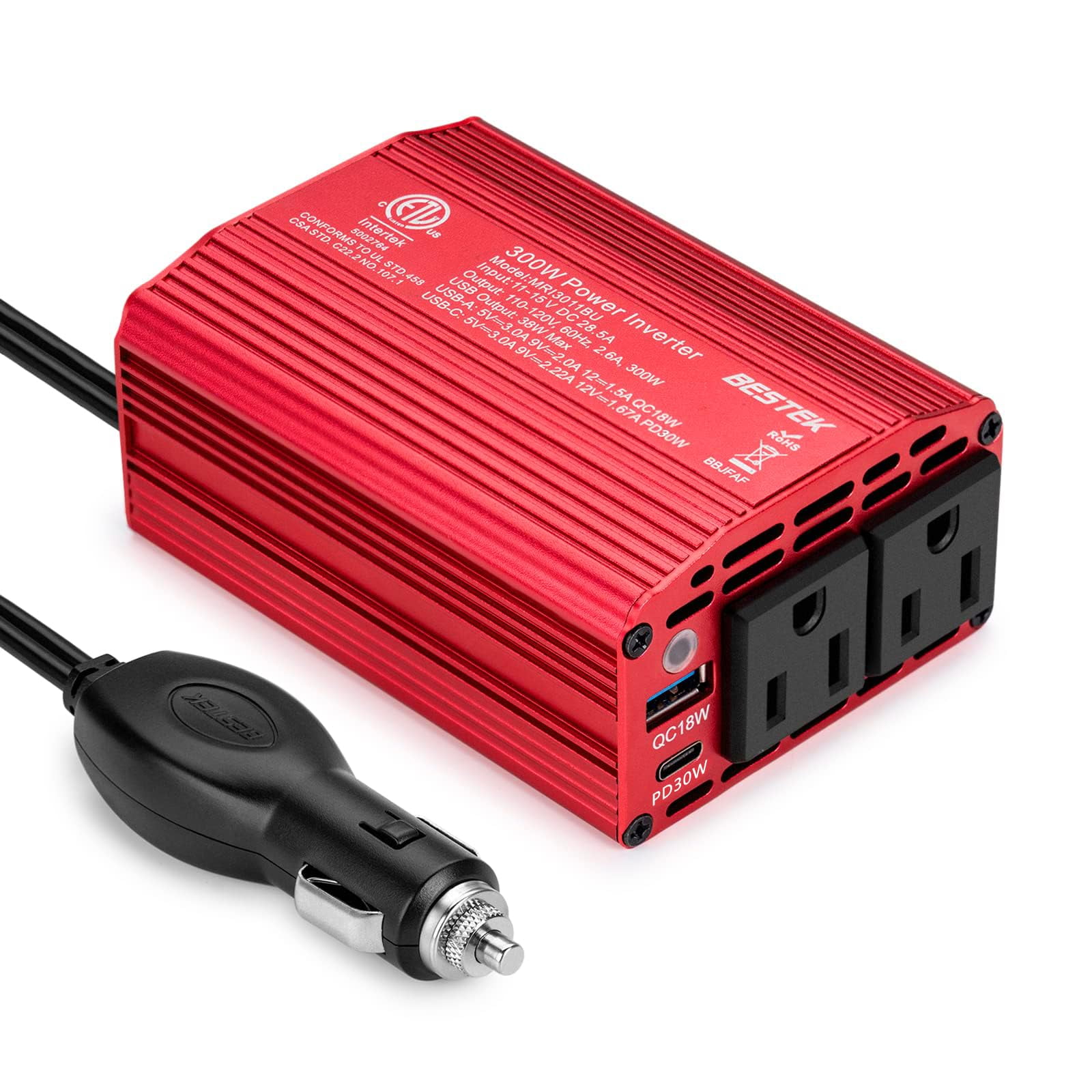 BESTEK 300W Car Power Inverter, DC 12V to 110V Car Plug Adapter Outlet  Converter with [20W PD USB-C] & 1 QC3.0 USB Ports Multi-Protection Car  Charger Power Inverter for Vehicles 