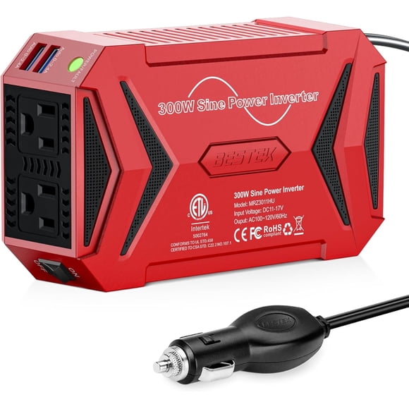 BESTEK 300W Car Power Inverter DC 12V To 110V AC Pure Sine Wave Dual USB Fast Charge Safety Certification, Red