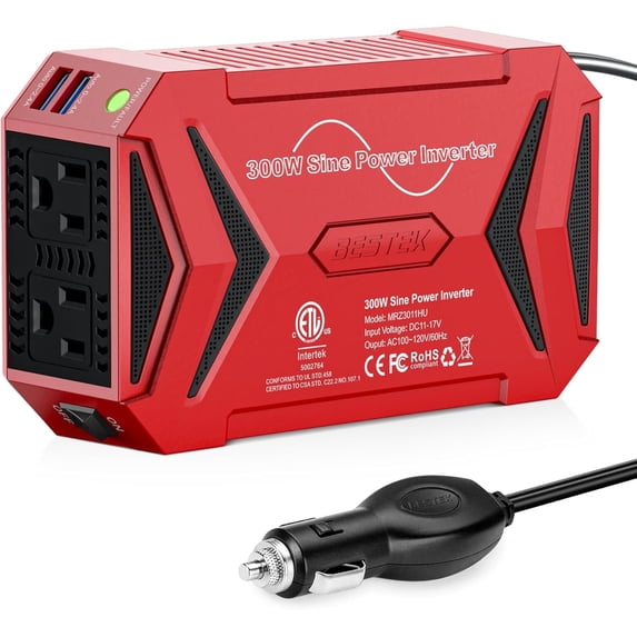 BESTEK 300W Car Power Inverter DC 12V To 110V AC Pure Sine Wave Dual USB Fast Charge Safety Certification, Red