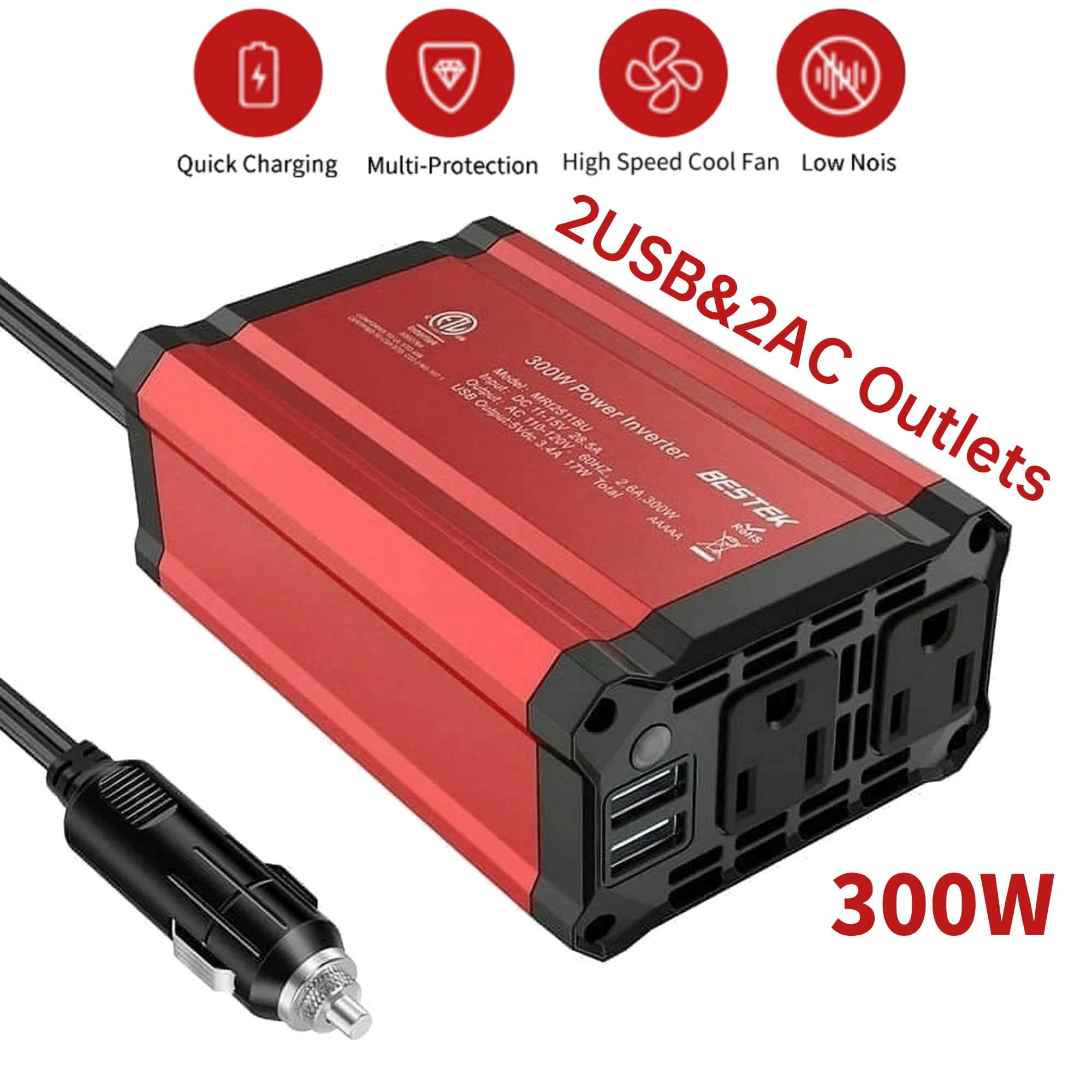 BESTEK 300W Car Power Inverter, DC 12V to 110V Car Inverter with 2 AC Outlets and 3.4A Dual USB Ports