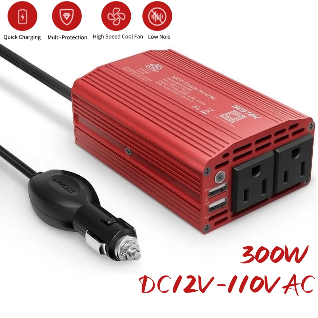 BESTEK 300W Power Inverter DC 12V to 110V AC Car Inverter with 4.2A Dual USB Car Adapter